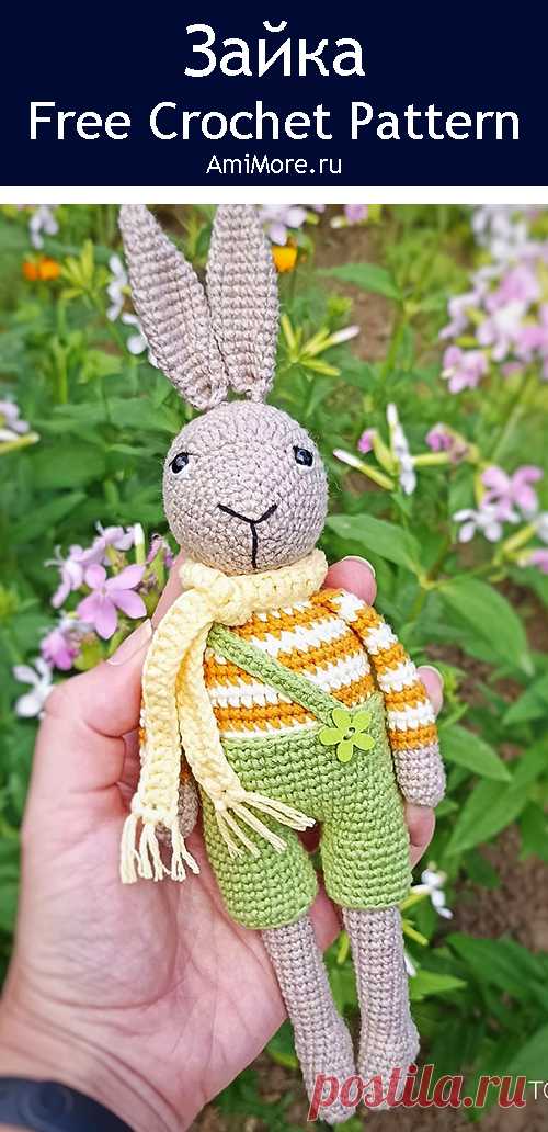 PDF Зайка крючком. FREE crochet pattern; Аmigurumi animal patterns. Амигуруми схемы и описания на русском. Вязаные игрушки и поделки своими руками #amimore - зайка в комбинезоне, заяц, зайчик в штанишках, кролик, зайчонок, крольчонок.