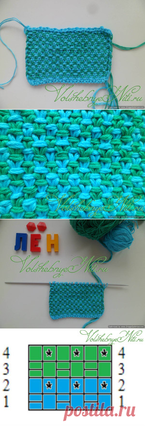 Двухцветный лён. Узор для вязания спицами с описанием.