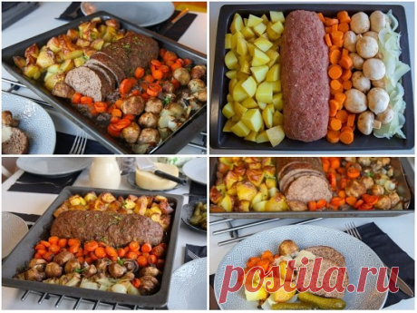 Запеченный мясной рулет с грибами и овощами 

Праздничный мясной рулет из фарша, запеченный в духовке с шампиньонами, картошкой, морковью и репчатым луком.