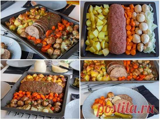 Запеченный мясной рулет с грибами и овощами 

Праздничный мясной рулет из фарша, запеченный в духовке с шампиньонами, картошкой, морковью и репчатым луком.