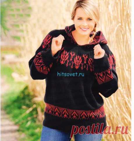 Модели PLUS Вязаный пуловер с капюшоном c красивым жаккардом спицами