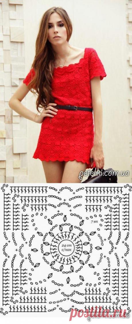 Красное платье из квадратных мотивов крючком. Схема мотива