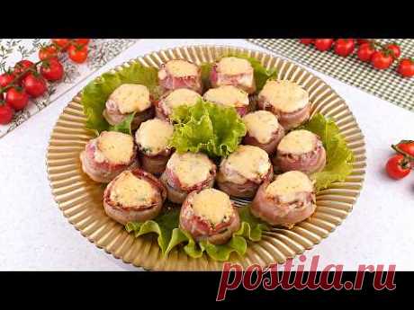 🍄🥓🧀 Шампиньоны в беконе с адыгейским сыром, чесноком и зеленью. Сочная горячая закуска из грибов!