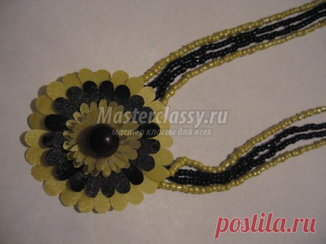 Колье из бисера и атласных лент. Солнечный цветок. Мастер-класс с пошаговыми фото