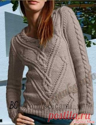 Пуловер с красивыми переплетениями Пряжа Baltic – 60% акрил, 40% полиамид, 50г~80м  Спицы 4,5-5 мм, спицы для кос Используемые узоры: - резинка 1х1, спицы 4,5 мм - лицевая гладь, спицы 5 мм - фантазийный узор – см.