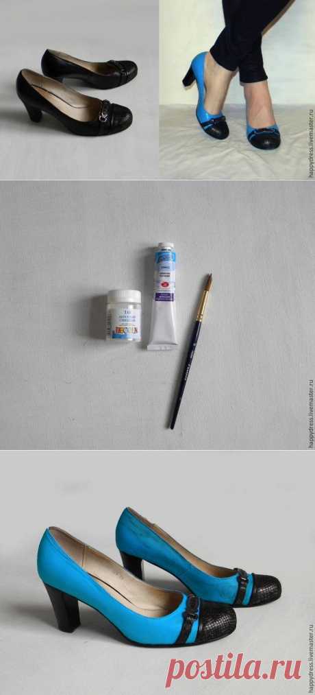 Как легко и быстро преобразить черные туфли в яркие и эффектные- краска акриловая небесно-голубая (я выбрала более густые краски, так как жидкими не обчень удобно пользоваться на гладкой коже. К тому же, при необходимости их всегда можно разбавить водой);
- лак глянцевый для закрепления акриловых красок;
- кисточка, баночка с водой для промывания кисти;
- спирт или бензин для обезжиривания поверхности;
- хорошее весеннее настроение и вера в свой талант художника.