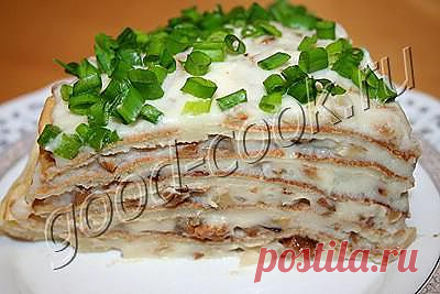 Хорошая кухня - блинчатый пирог с картофельным пюре и грибами. Кулинарная книга рецептов. Салаты, выпечка.