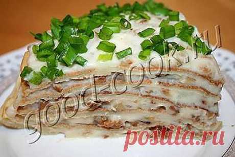 Хорошая кухня - блинчатый пирог с картофельным пюре и грибами. Кулинарная книга рецептов. Салаты, выпечка.
