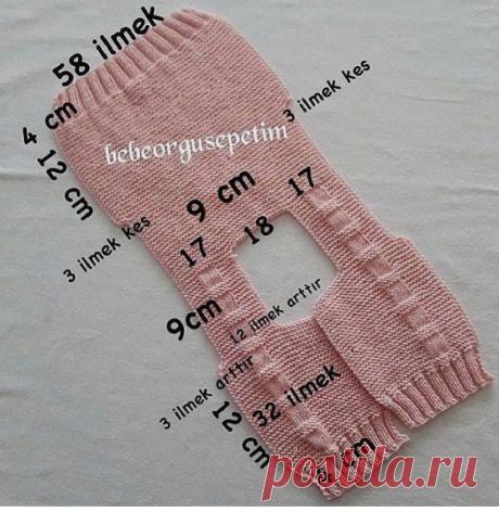 ilmek- петли
cm-см
Набрать на спицы 58 петель.Вяжем резинку 2х2 4 см. Далее платочной вязкой 12 см. Закрываем с двух сторон для проймы по 3 петли.  Далее 9 см платочной вязкой до выреза горловины. Далее делим вязание на две части и каждую часть вяжем отдельно до конца. Делим  на 17 п.  плечо,18 п. закрываем для горловины ,17 п. второе плечо. Узор для модели вяжете на ваше усмотрение. Плечевые части модели до формирования проймы переда вяжем 9 см. Для проймы с каждой сторон...