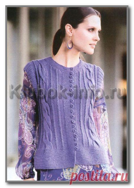 Вязание спицами. Короткий жилет с узором жгуты