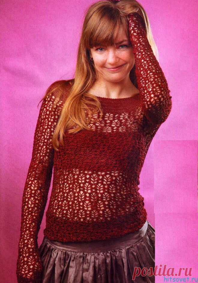 Пуловер крючком со шнуровкой на спинке - Хитсовет Пуловер крючком со шнуровкой на спинке. Вам потребуется: пряжа «Гарус» (100 % вискоза, 500 м на 100 г) - 300 г бордового цвета, крючок № 2,5.
