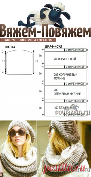 Женский берет спицами  + вязаный снуд