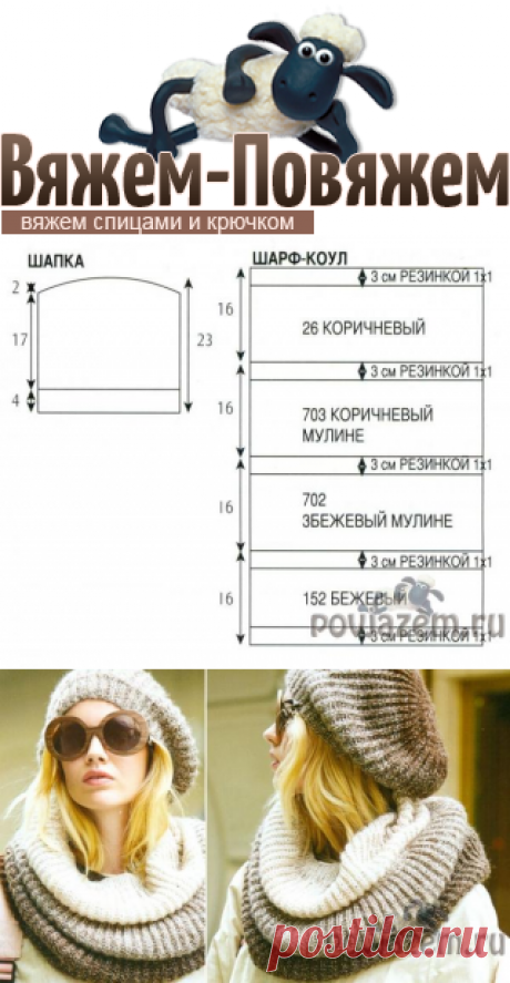 Женский берет спицами  + вязаный снуд