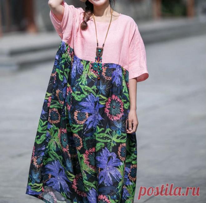 Loose Linen stitching ramie Printed dress Bridal long dress | Etsy