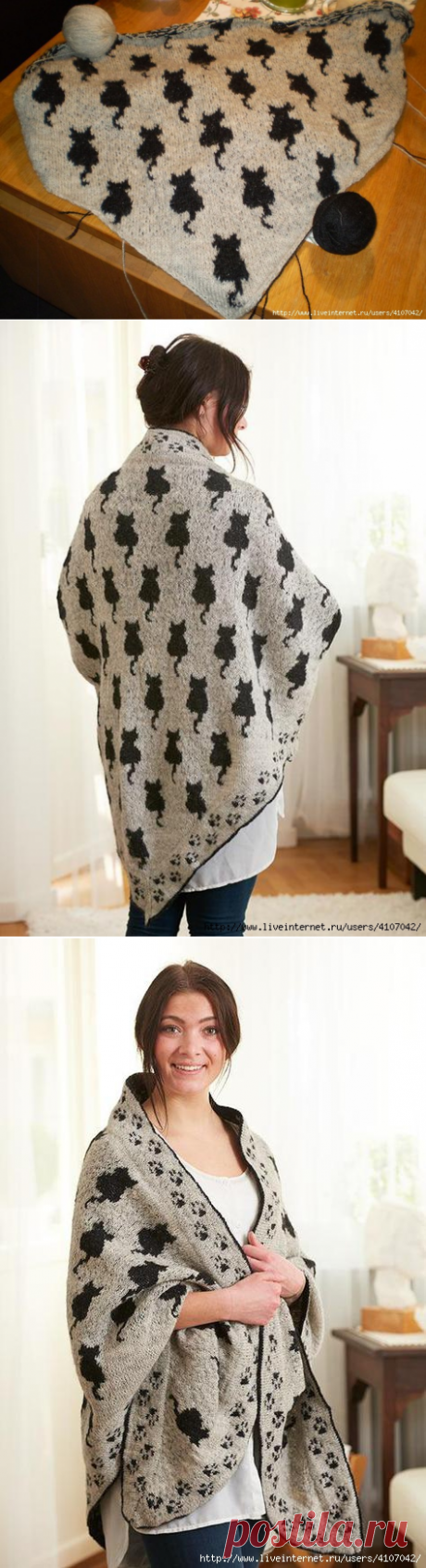 ШАЛЬ С КОТИКАМИ. СПИЦЫ. ЖАККАРД