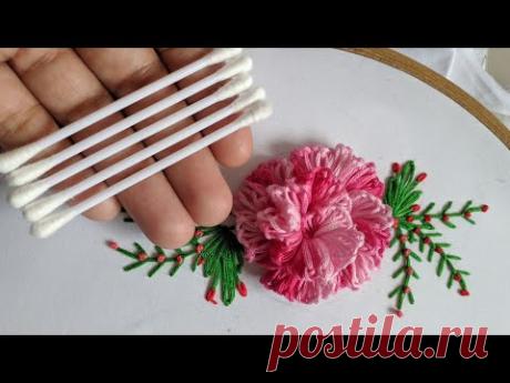 Amazing Hand Embroidery 3d flower design trick With cotton bud | Brazilian stitch:Rose Flower Design