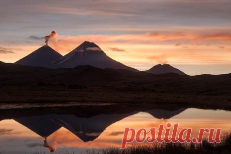Вулканы Ключевской, Камень и Безымянный на рассвете. Автор фото — Dmitry Khasanov: