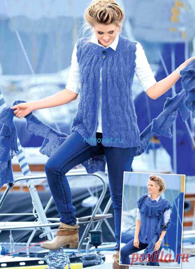 Вязаный жилет и шарф - Хитсовет Вязаный жилет и шарф. Модная модель жилета в комплекте с шарфом с бесплатным описанием и схемой вязания. Вам потребуется: 350 грамм сиреневой пряжи Mia, состоящей из 80% альпаки, 20% акрила, длиной нити 125 метров в 50 граммах и 1 сиреневая лента Kalista, состоящая из 21 % шерсти, 28% полиамида, 51% акрила, длиной нити 12 метров в 100 граммах; спицы № 5; круговые спицы № 4,5; крючок № 4,5; 2 пуговицы.