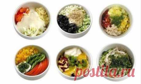 Мини - салатики (6 самых вкусных вариантов)
1. ЭДЕЛЬВЕЙС
Cыр, курица, яйцо, помидор, майонез (сметана).
2. НЕЖа, чернослив, яйцо, огурец, грецкий орех, йогурт.
3. НАСЛАЖДЕНИЕ
Курица, ананас, болгарский перец, яблоко
4. ЛЕТНИЙ
Летний вкус зимой и летом.
Огурец, помидор, перец сладкий, майонез (сметана), зелень.
5. ФРУКТОВЫЙ
Салат с экзотическим вкусом.
Кусочки апельсина, ананаса, груши, яблока, киви, заправленные йогуртом.
6. ДИВАЙН
Кальмар, яйцо, огурец, рис, лук, майонез (сметана).