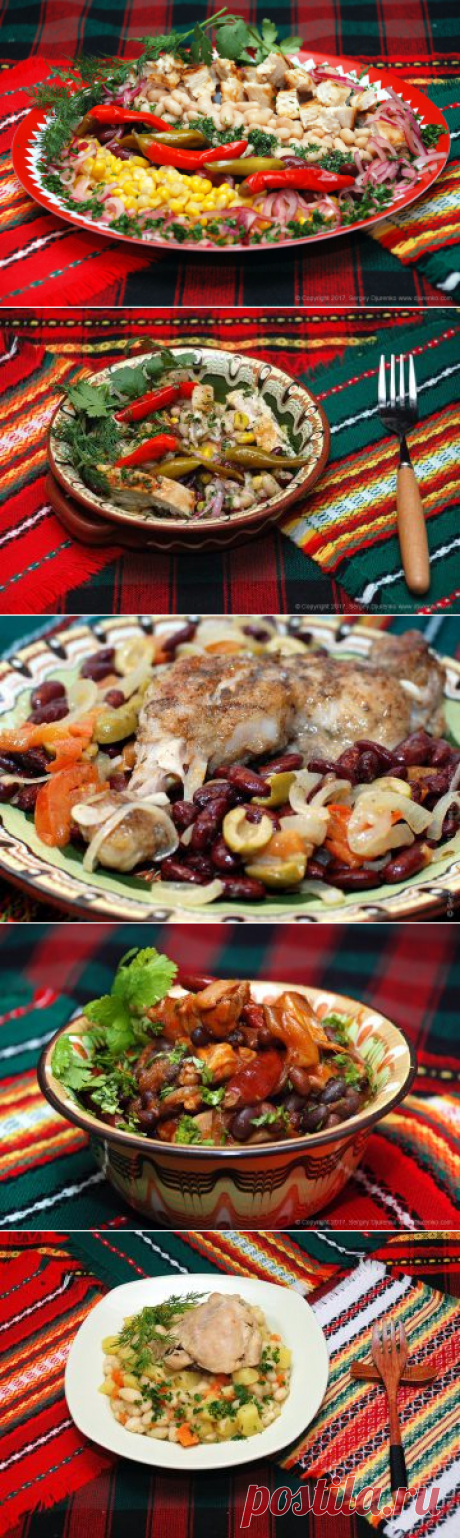 Салат с фасолью и курицей, консервированной кукурузой, зеленью и острым перцем