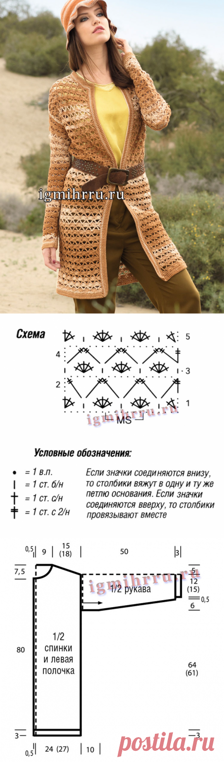 Комплект в бежево-коричневых тонах: ажурный кардиган и шляпка с воланом. Вязание крючком