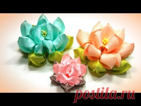 Воздушный лотос из лент, канзаши, МК / DIY satin ribbon flower, kanzashi