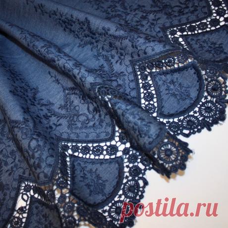 Embroidered Lace Edge / Border Cotton Chambray - Dark Indigo | UK Fabric