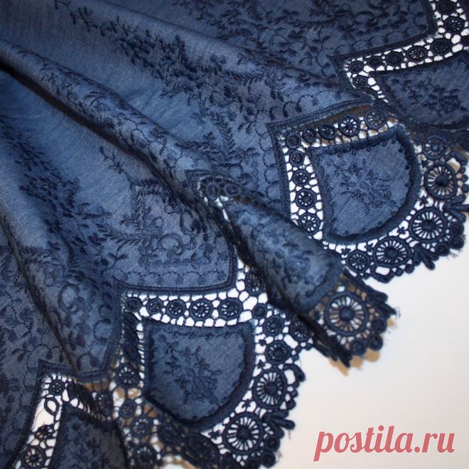 Embroidered Lace Edge / Border Cotton Chambray - Dark Indigo | UK Fabric