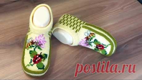Вязаные тапочки &quot;Скоро лето 🐝🌺🐞&quot;.раз.39.тунисское вязание+спицы