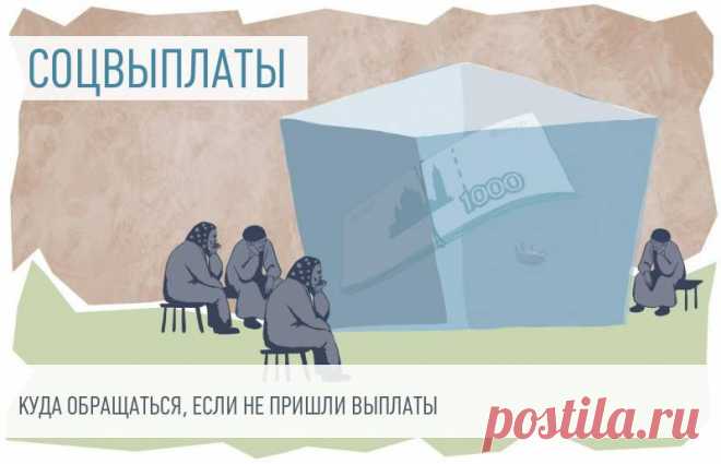 КУДА ЗВОНИТЬ, если НЕ ПРИШЛА СОЦ.ВЫПЛАТА — туда, где назначалось пособие:
	в территориальное отделение соцзащиты;
	в Пенсионный фонд;
	в Центр занятости населения;
	в ФСС и т. д.
В большинстве случаев выяснить источник проблемы помогут в МФЦ, но туда придется идти лично.
