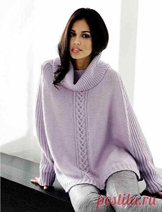 СВИТЕР-ПОНЧО С ПОЛОСОЙ ИЗ КОСЫ
Размеры: 36-42.
Из-за свободной формы пончо подходит для всех указанных размеров.
Вам потребуется:
700 г пряжи типа