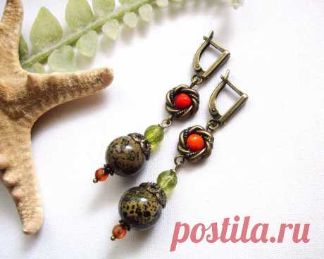 Серьги &quot;Остров грёз&quot;. Яшма, коралл, сердолик, кварц. Длина серёг от швенз 4,5 см.