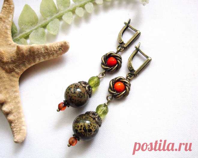 Серьги "Остров грёз". Яшма, коралл, сердолик, кварц. Длина серёг от швенз 4,5 см.