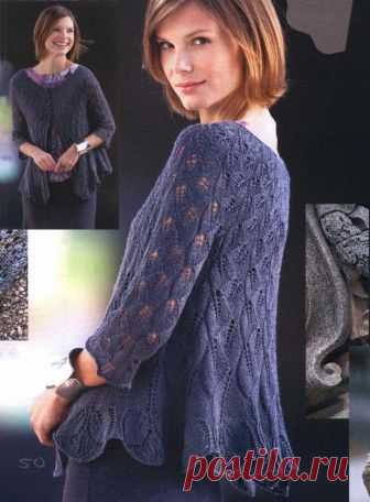 Короткий и длинный жакет с узором листики спицами
