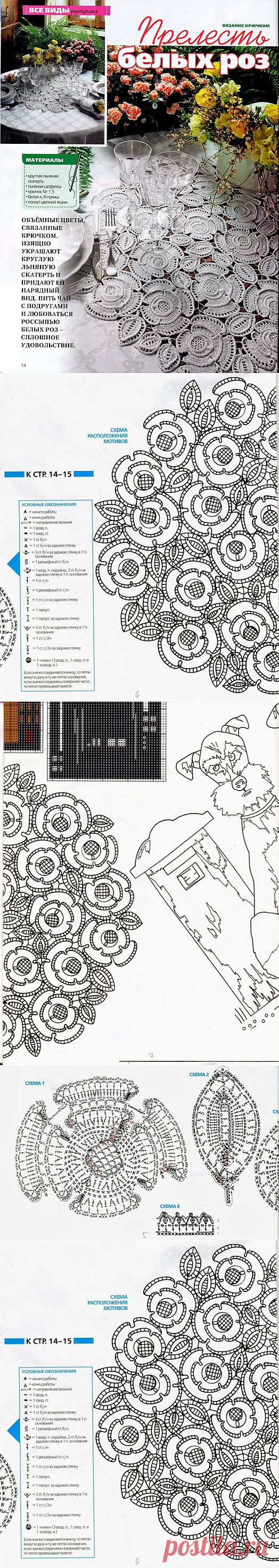 СКАТЕРТЬ С БЕЛЫМИ РОЗАМИ. ИРЛАНДСКОЕ КРУЖЕВО.