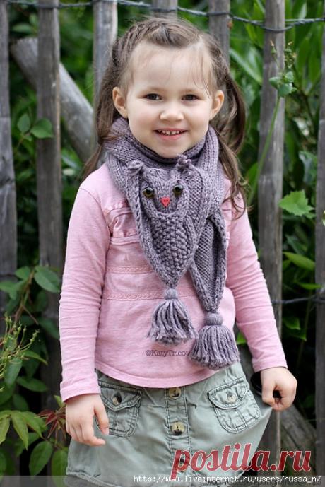 Детский шарф спицами с узором "сова"