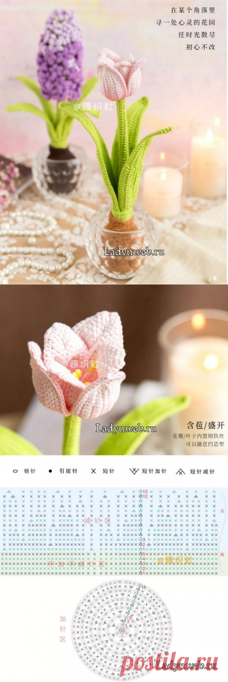 Тюльпан крючком схемы | Ladynweb.ru Для вязания тюльпана потребуется: Крючок для вязания толщиной не меньше 3 мм. Пряжа «ирис» розового (красного ли желтого, в зависимости от того, какого цвета планируете вязать цветок), зеленого и светло-коричневого цветов. Зеленая проволока