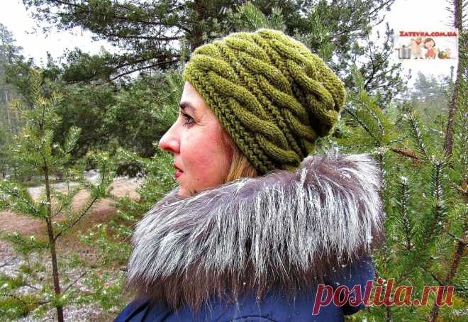 Женская шапка спицами с поперечными косами | Пикабу
