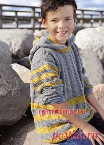 ДЛЯ МАЛЬЧИКА 4-10 ЛЕТ. СЕРО-ЖЕЛТЫЙ ПУЛОВЕР С КАПЮШОНОМ. Вязание спицами для детей