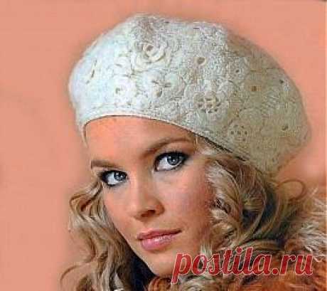 Роскошный белый берет. Модель связанная крючком. - Береты крючком - Вязание крючком - Модели и схемы вязания крючком 2013 - 2014 года