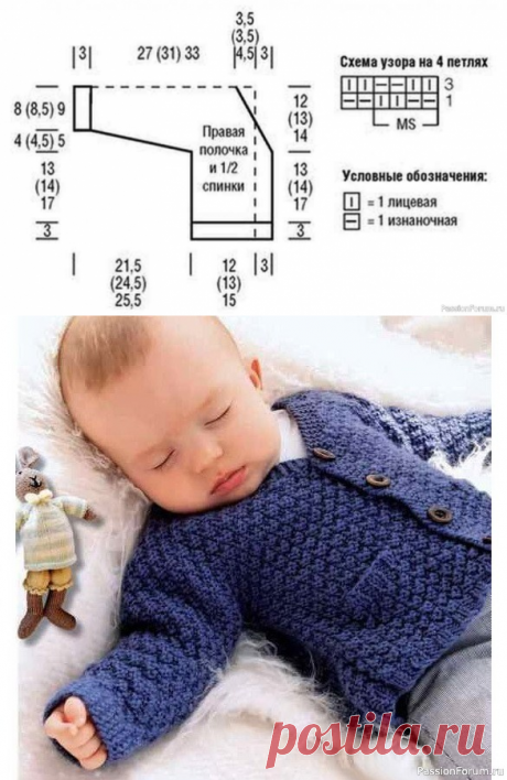 Синий жакетик на пуговицах для мальчика. Выкройка и описание | Вязание спицами для детей