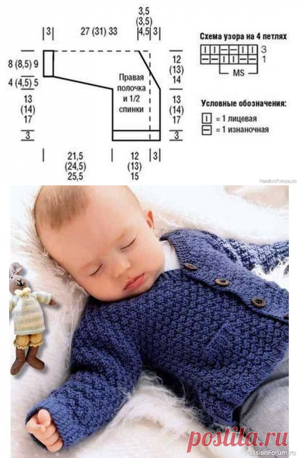 Синий жакетик на пуговицах для мальчика. Выкройка и описание | Вязание спицами для детей