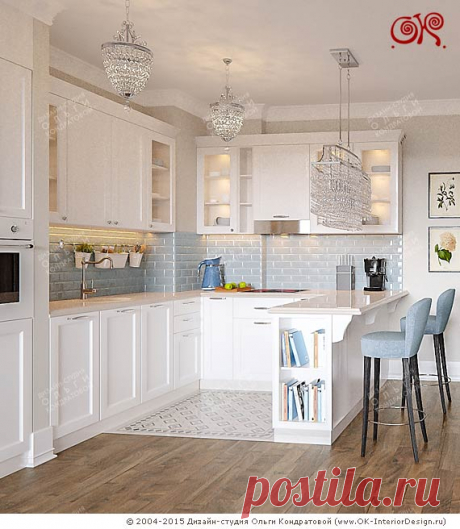 Дизайн кухни-столовой с нотками прованса и арт-деко | Фото дизайнов интерьера 2017 | Дизайн-студия Ольги Кондратовой Дизайн современной кухни-столовой в квартире. Стилистический микс с элементами прованса и арт-деко. Современные идеи дизайна и зонирования интерьера. Фото 2017 года.