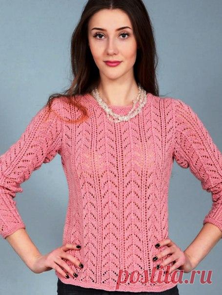 ПУЛОВЕР.
Размер: 42.
Вам потребуется:
500 г пряжи темно-голубого цвета (80% акрил, 10% полиэстер, 5% паетки, 5% металлик, 410 м/100 г), круговые спицы № 3.
Платочная вязка: лицевые и изнаночные ряды вязать лицевыми петлями.
Основной узор (ажурный узор): вязать по схеме 1.
На схеме указаны лицевые ряды, изнаночные ряды вязать по рисунку.
В высоту повторять с 1-го по 8-й ряды.
Спинка:
Набрать 96 п. и вязать 4 ряда платочной вязкой.
Продолжить вязание основным узором по схеме...