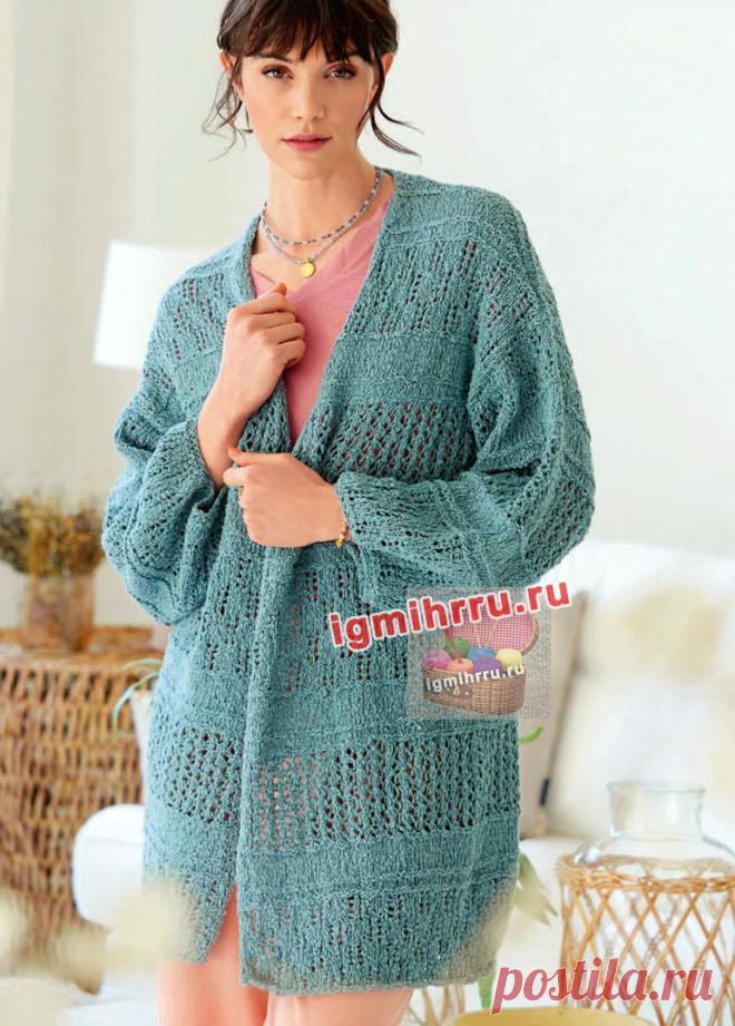 Удлиненный кардиган с миксом узоров. Вязание спицами со схемами и описанием