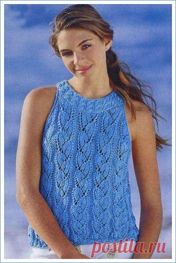 Голубой ажурный топ спицами | каталог вязаных спицами узоров