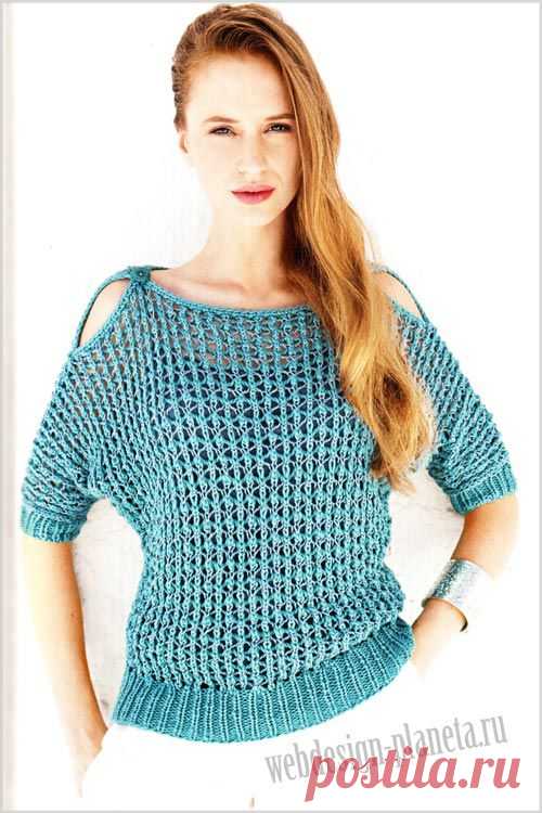 Синий пуловер сетка спицами | Вязание спицами, вязание крючком | Мир вязания