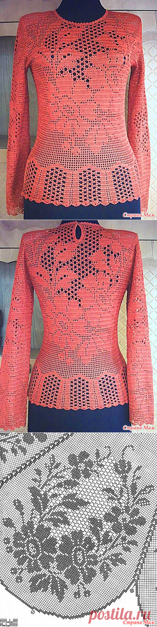 Ажурный пуловер, филейное вязание