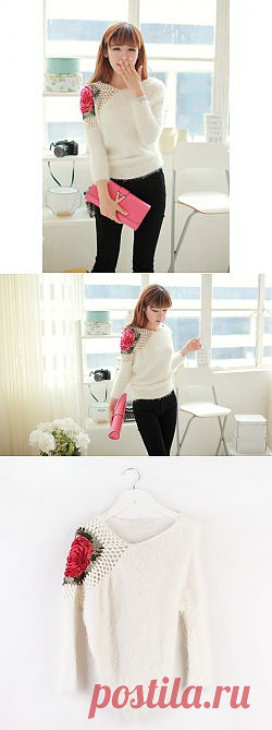 Retro Style Scoop Neck Rose Crochet Flower Long Sleeve Sweater For Women (WHITE,ONE SIZE) | Sammydress.com