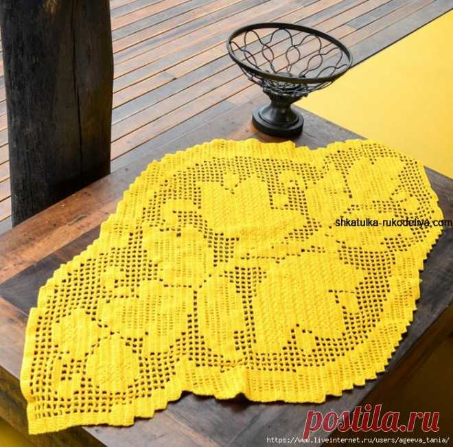 Желтая салфетка в филейной технике Желтая салфетка в филейной технике крючком. Большая салфетка с бесплатной схемой